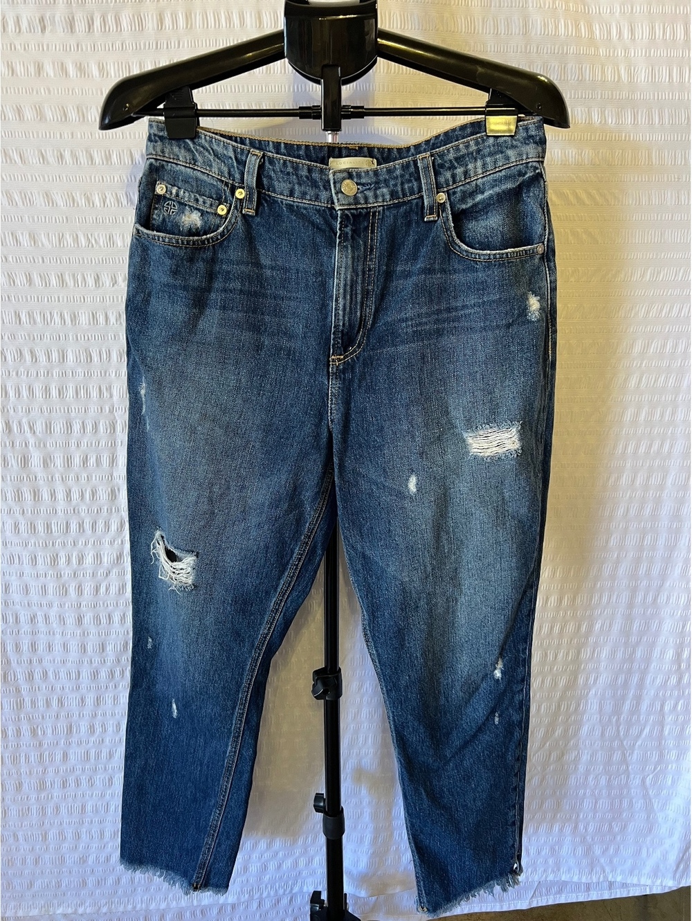 Socialite Milla High Waist Slim Jeans Sz 31 Blue Sun-Fade Distressed Raw Hem 26”